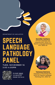 Flier for speech language pathology panel on November 16, 2021, from 3:00 PM to 4:00 PM